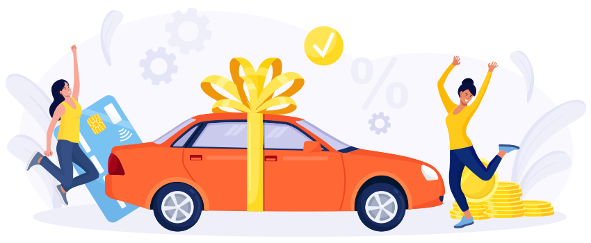 car with gift bow and person graphic 
